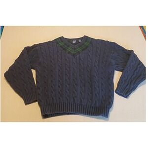 Vintage Gap Mens Navy Blue Cable Knit V-Neck Sweater Plaid Trim Chunky Knit L